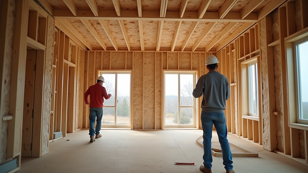 Close-up view of construction workers installing insulation in a building