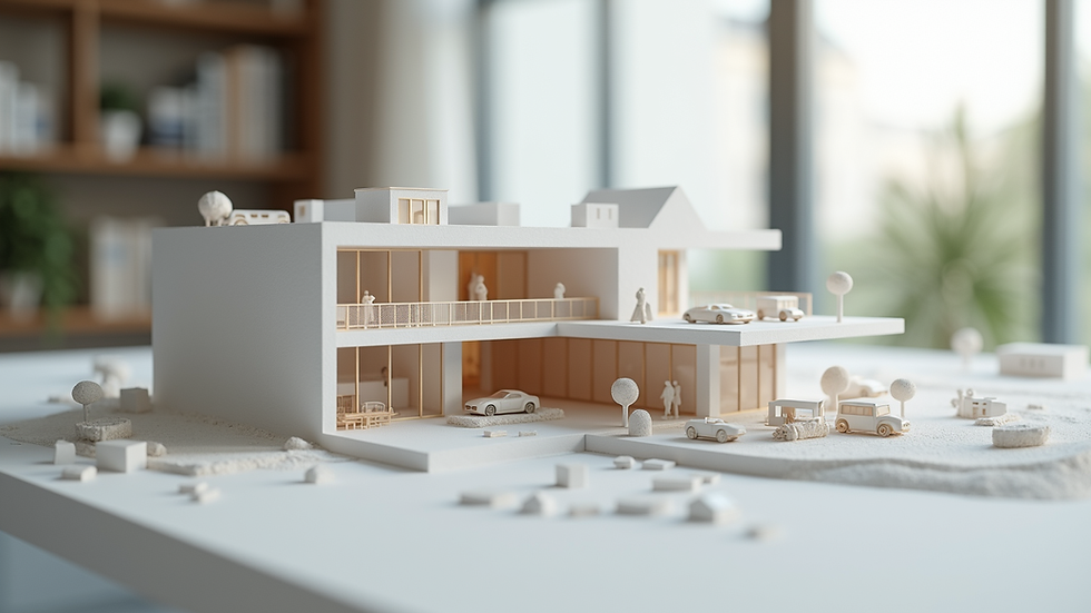 Eye-level view of a detailed architectural concept model on a table