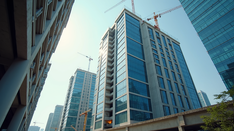 Eye-level view of a modern office building under construction