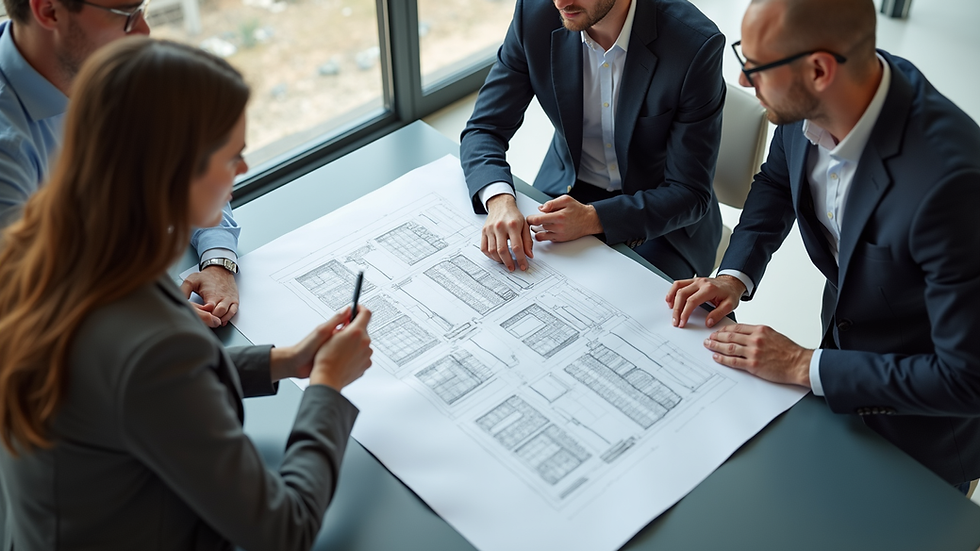High angle view of a team discussing architectural blueprints