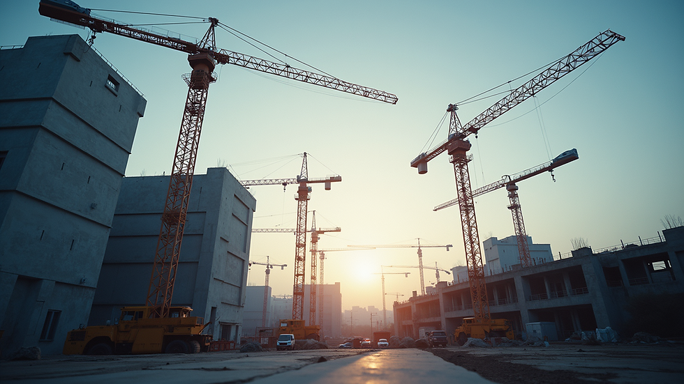 Eye-level view of construction site with cranes and building framework