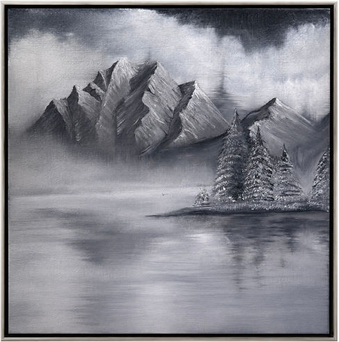 Original monochrome oil painting of a rugged rock formation with layered textures and dramatic shadows.