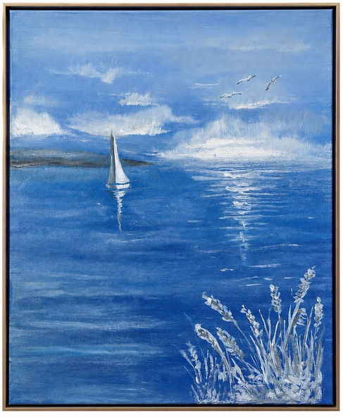 Original oil painting of a solitary boat resting on still ocean water beneath a quiet sky.