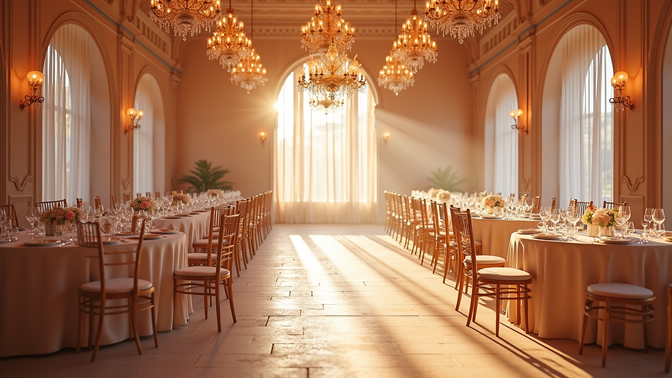 Wide angle view of a beautifully decorated event space
