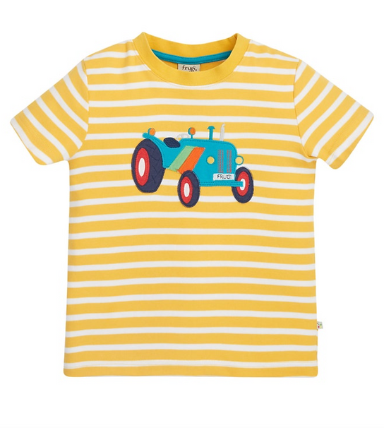 Frugi Sid Applique T-shirt Bumblebee Stripe/Tractor