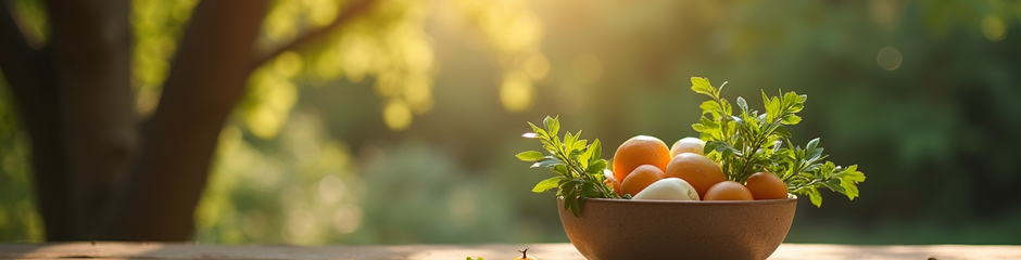 Bowl of fresh oranges and herbs on a wooden table outdoors