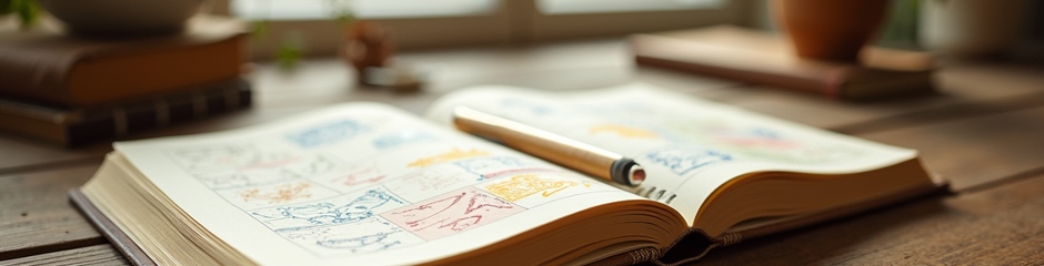 Open notebook with sketches and pen on a wooden table