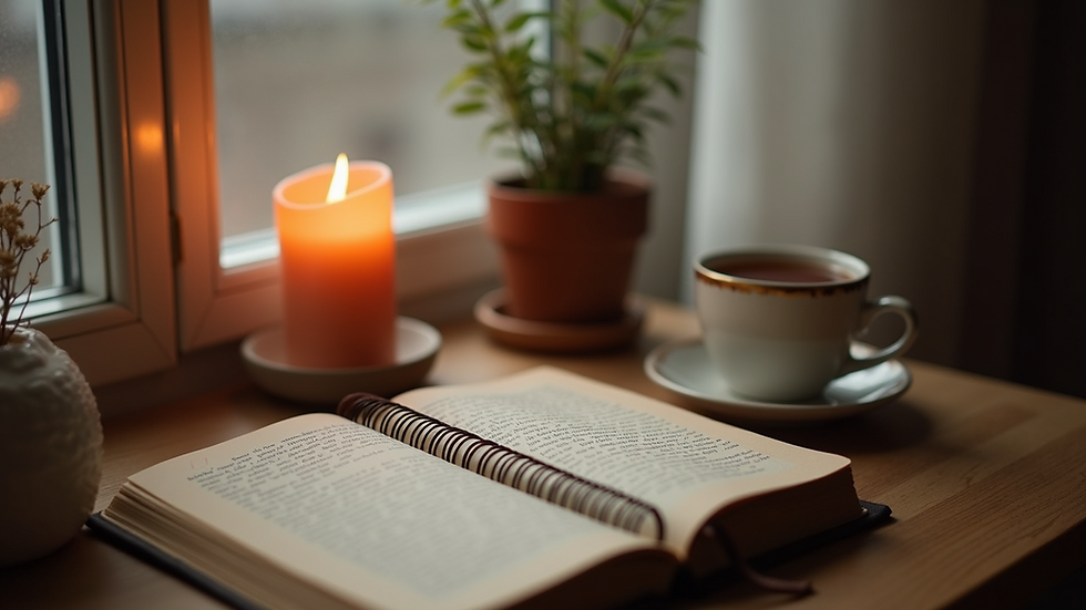 Eye-level view of a cozy corner with a journal, candle, and cup of tea