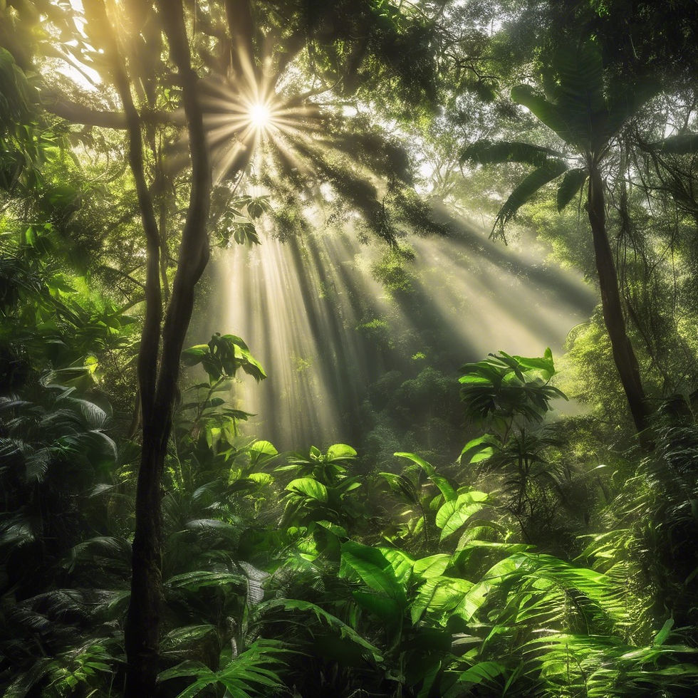 africa green rainforest and the sunshine hitting the trees with subtle rays of sunshine .