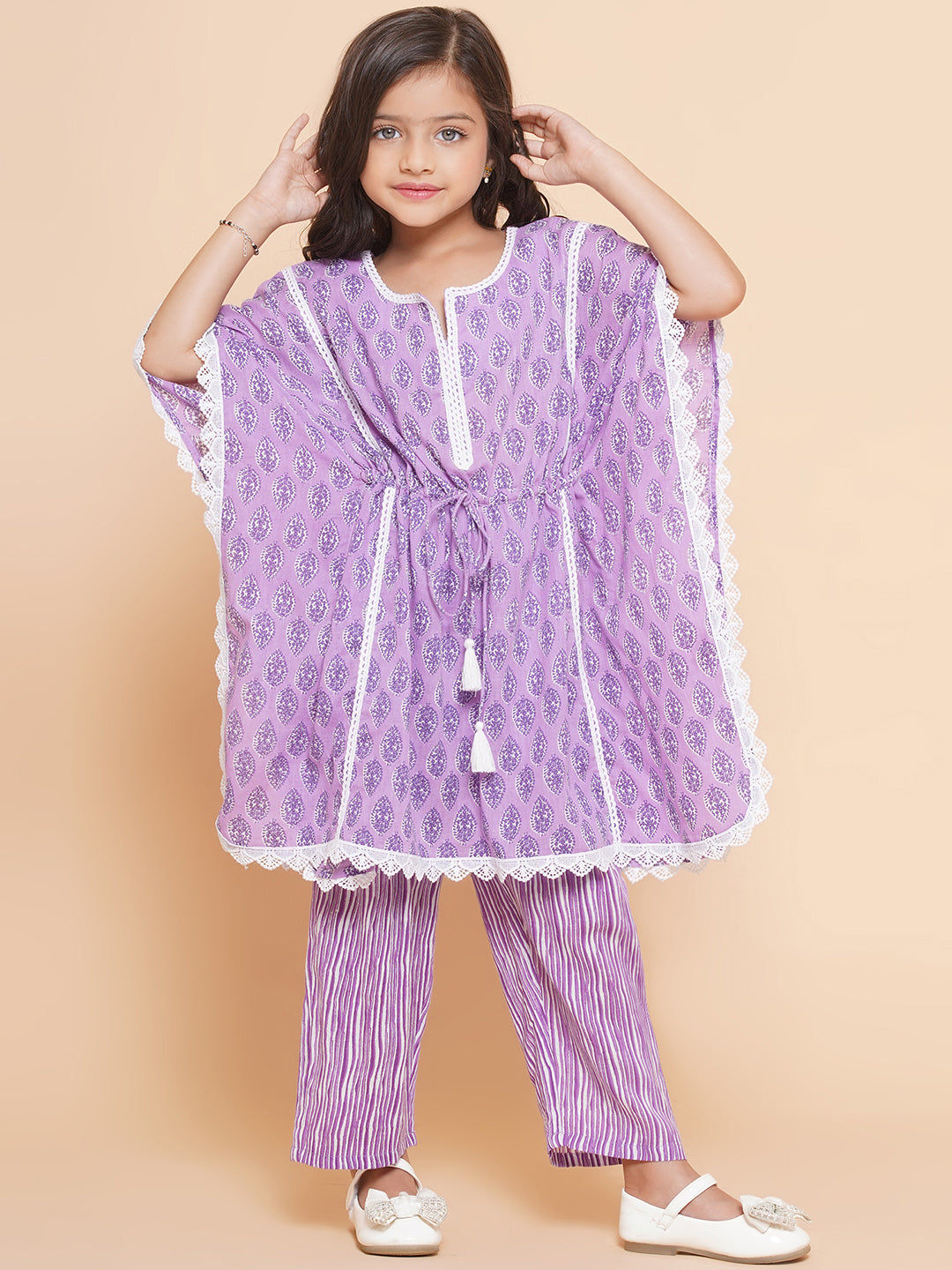 Girls Purple Printed V- Neck Kaftan Kurta with Palazzos