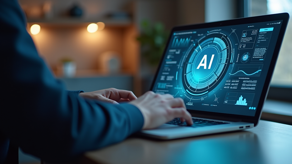 Close-up view of a person working on a laptop with AI data visualization on screen
