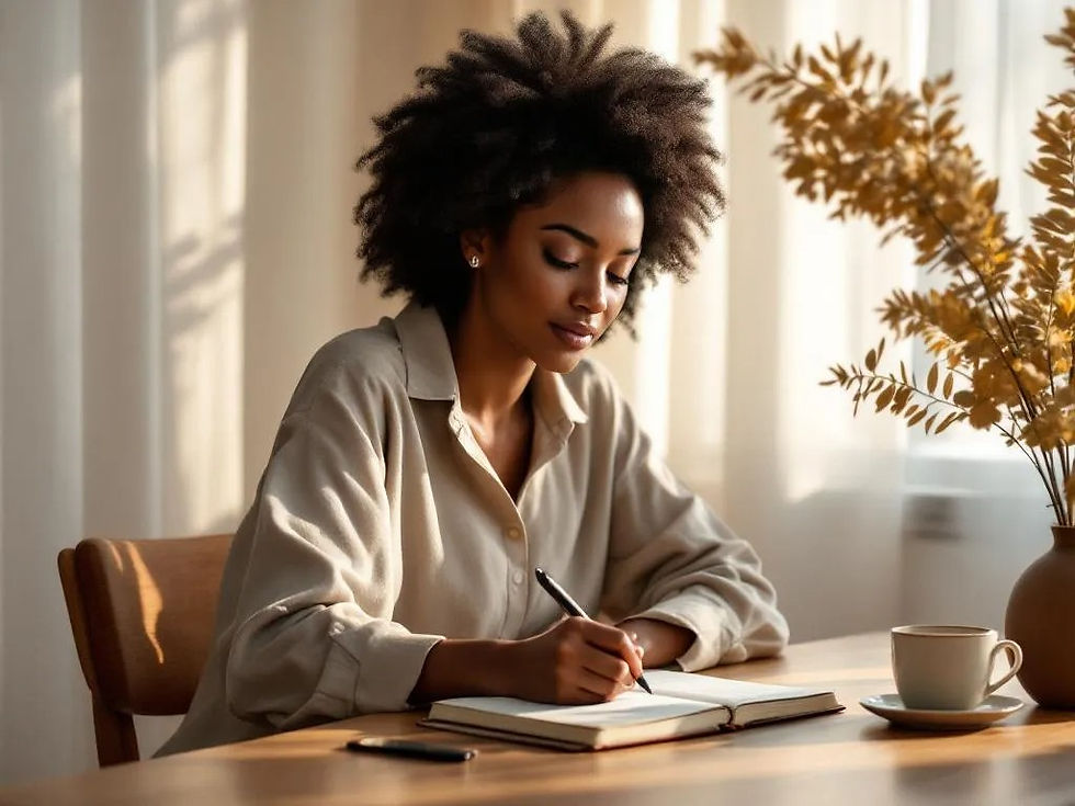 A professional woman in smart-casual attire seated at a minimalist wooden desk, writing in