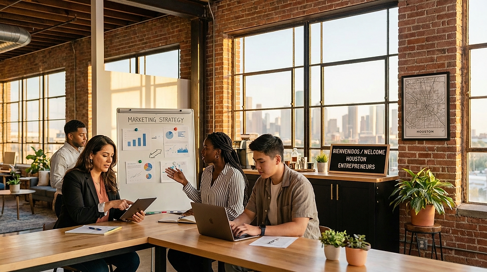 Group in a modern office discusses a marketing strategy on a board. Brick walls, large windows, welcome sign, and city view enhance the scene.
