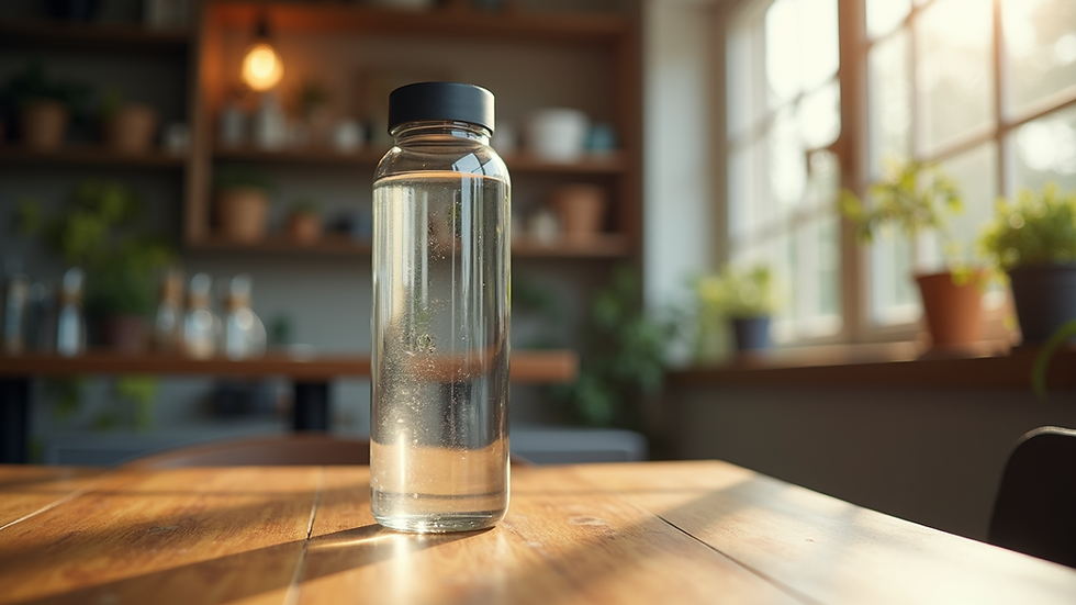 Eye-level view of a stylish water bottle on a wooden table