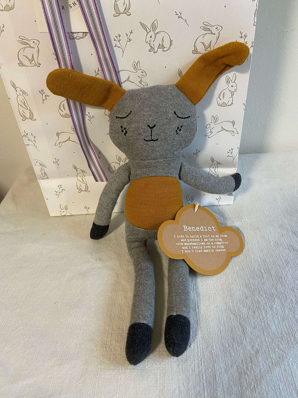 Benedict Rabbit soft toy by and The Little Dog Laughed, cotton bunny in marl grey and mustard