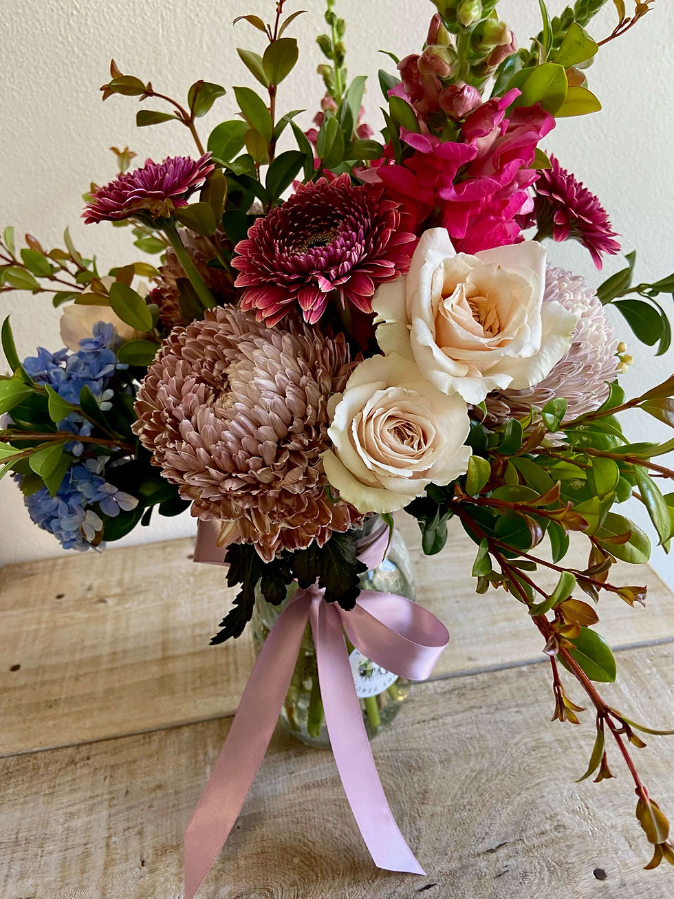French Rabbit Posy Jar, cottage-style flowers in a glass mason jar. Affordable bouquets Balmain.