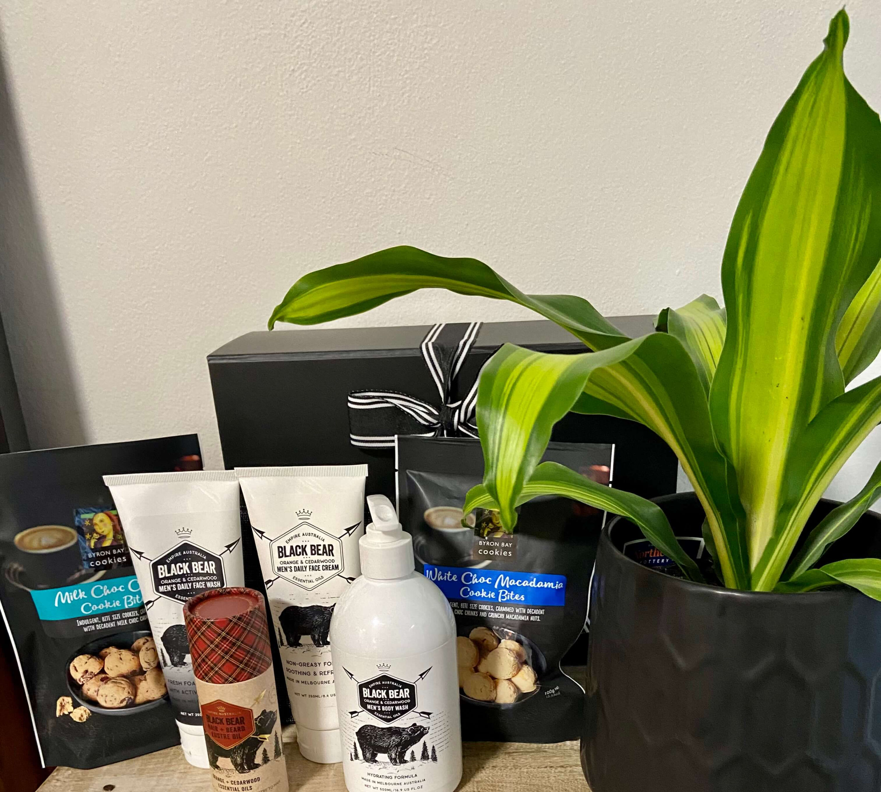 Hamper for the man in your life. Gifts and hampers for men Sydney. Selection of grooming, treats and plants.  Balmain gifts.