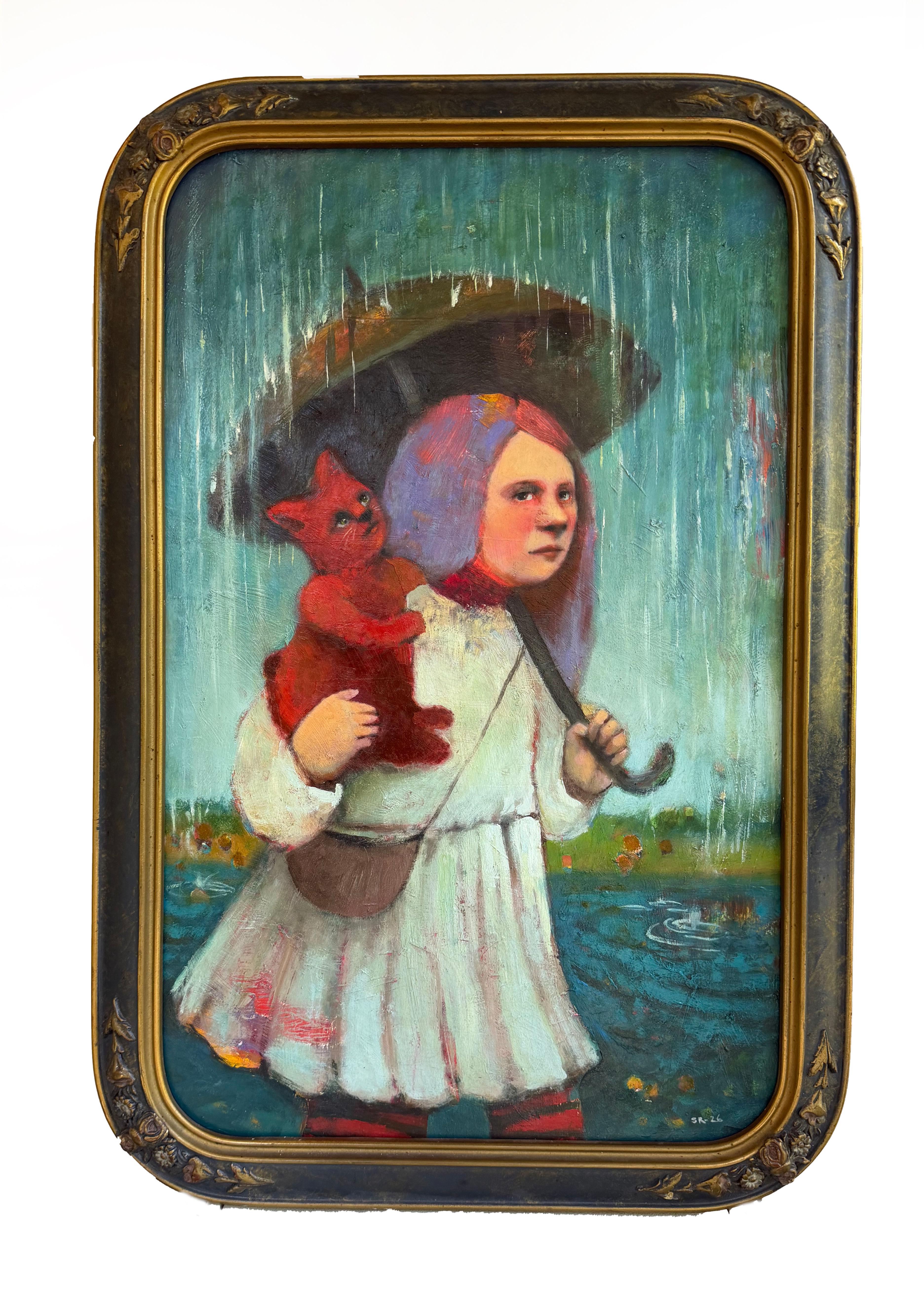 "Solutions for a Torrential Downpour" 25x17" Framed original oil painting