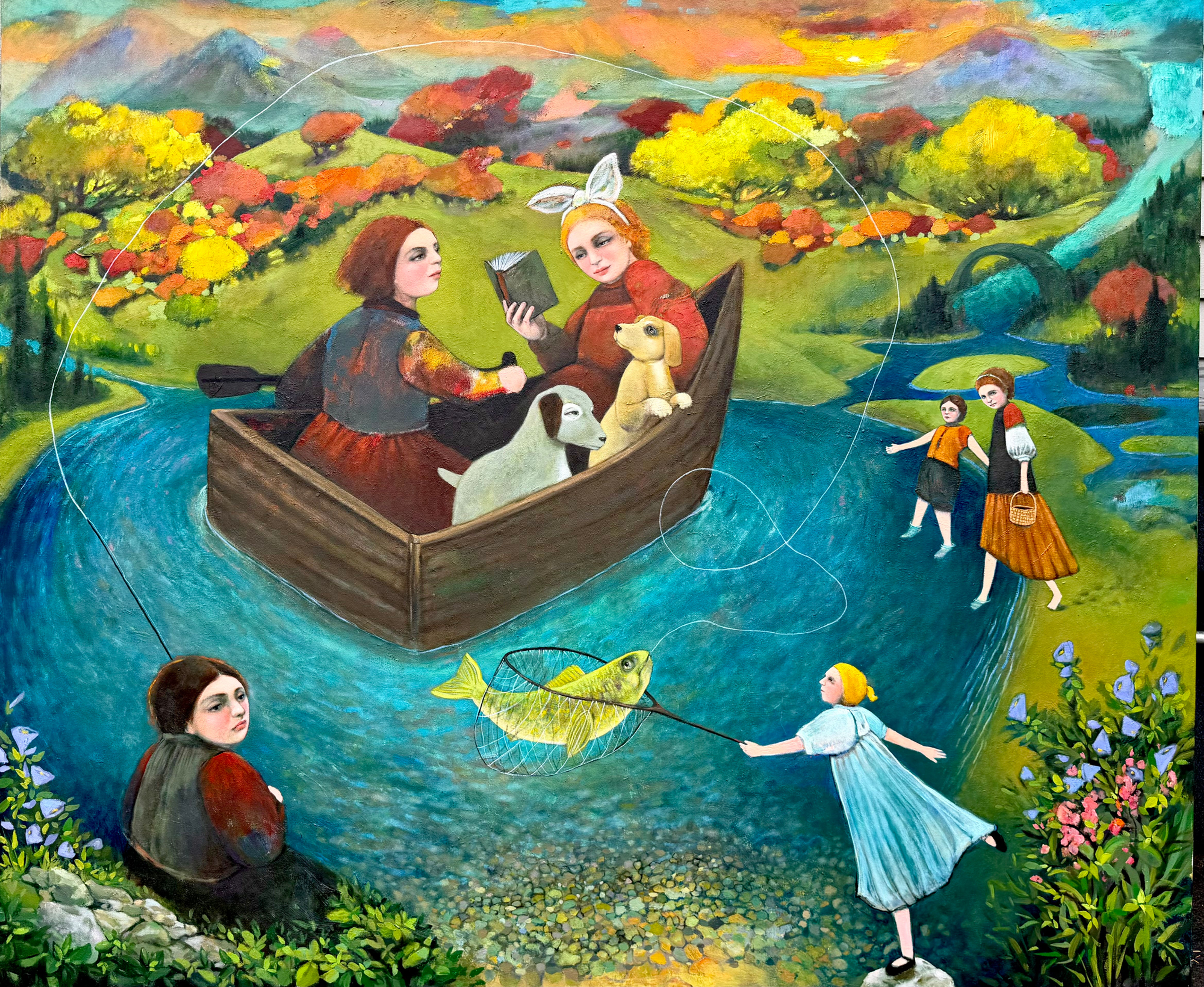 "Kindly Row the Boat so I May Read My Story" Original oil painting 60x72"