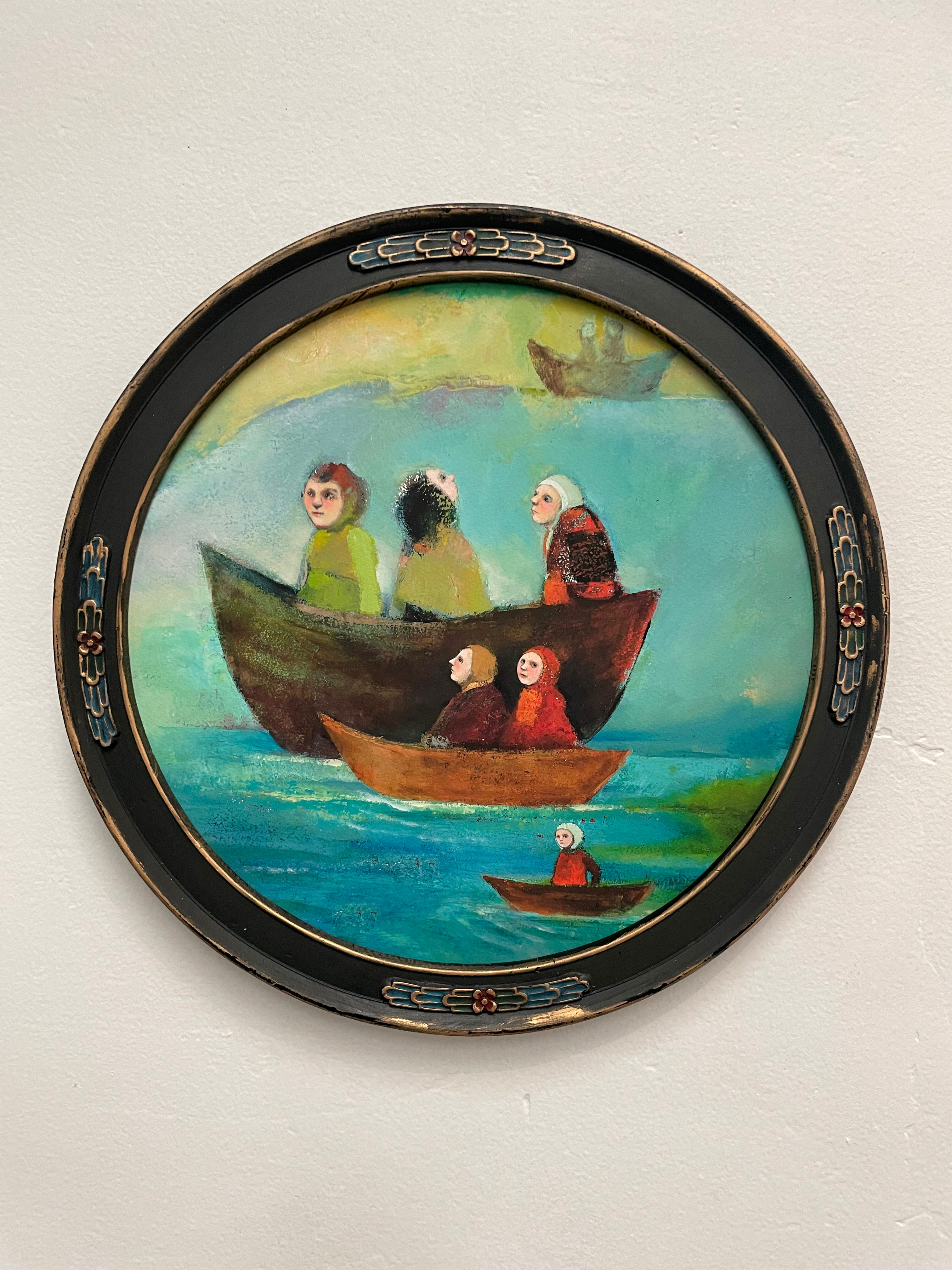"Dream Boat" Nautical Dreamscape Print in Hand Painted Frame 13.5" round