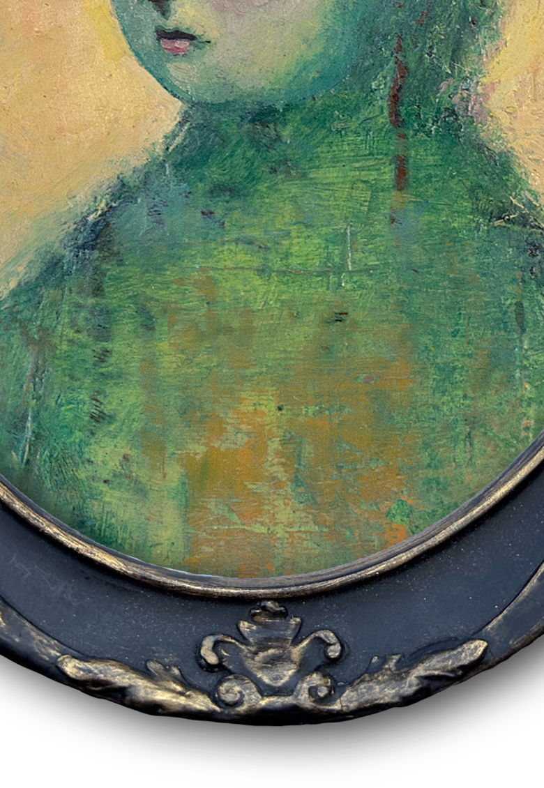 Thumbnail: "Baby Blue" Stunning art print portrait in greens and blues. Custom Framed 11x9"