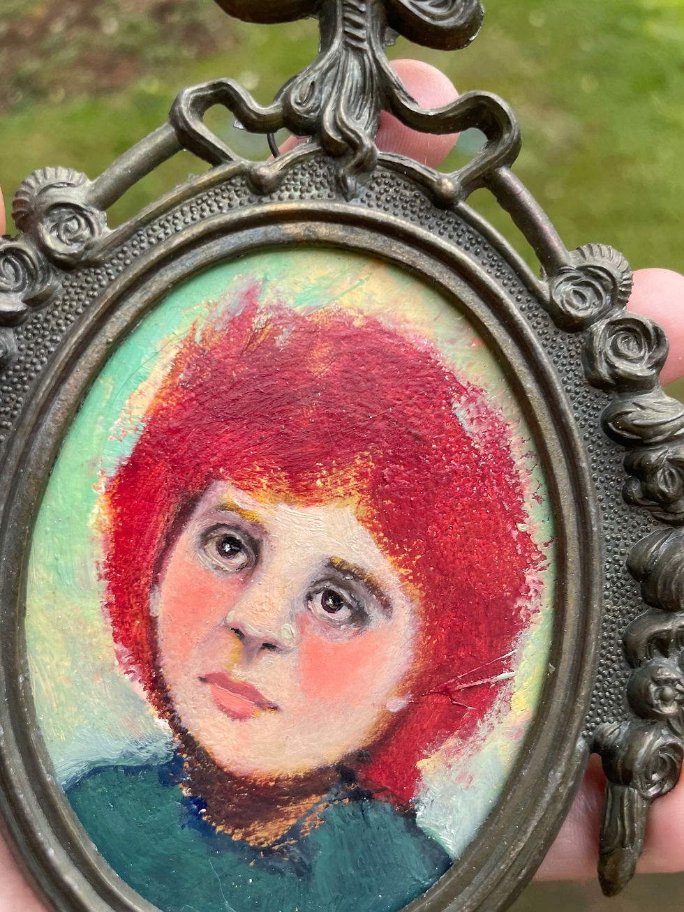 Thumbnail: "Fiery Thoughts" framed original oil painting portrait 4x6"