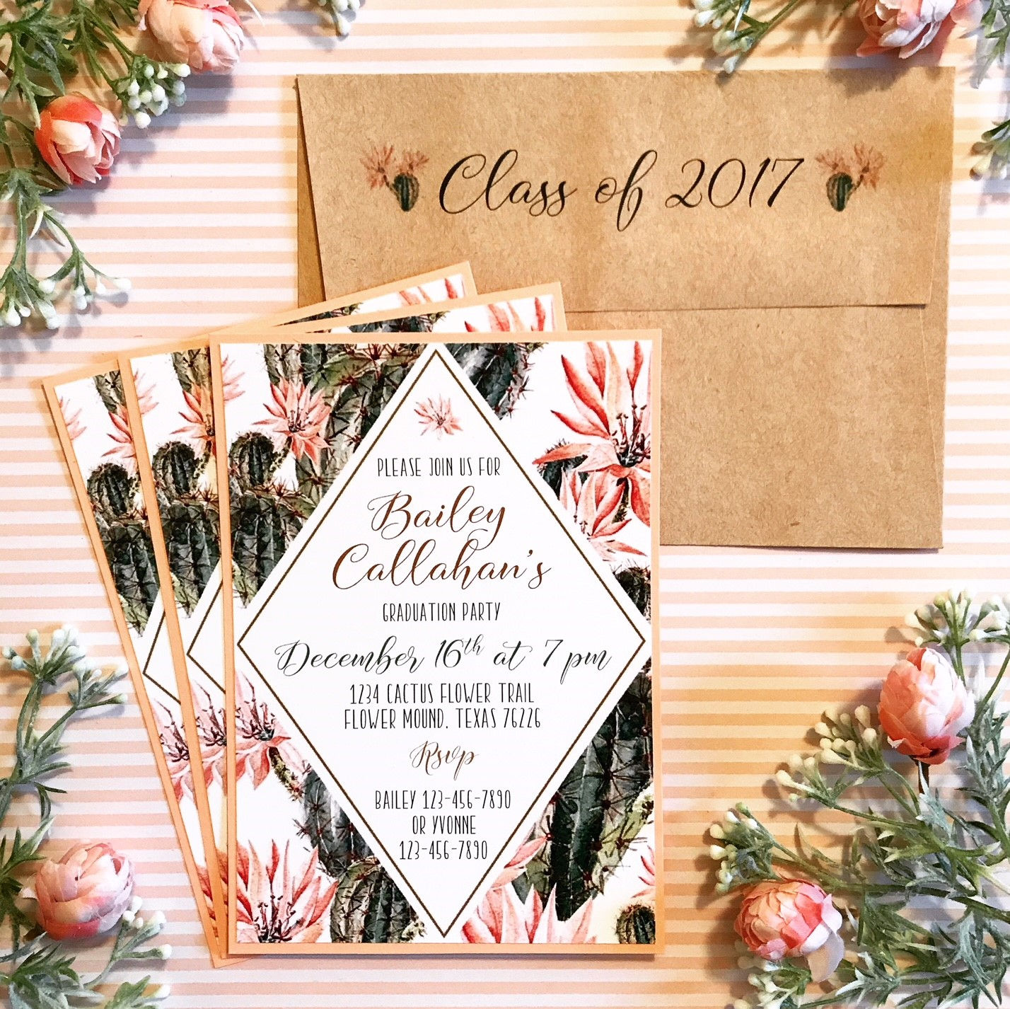 Peachy Cactus Graduation Party Invitations