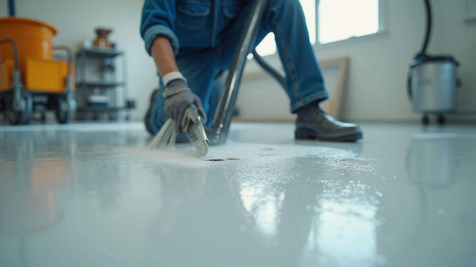 Eye-level view of a professional applying epoxy flooring
