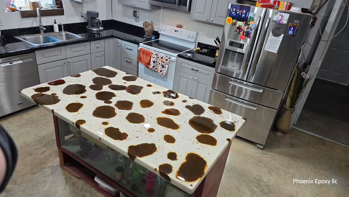 Cow print epoxy kitchen island
Cow print epoxy countertop
Cow countertop