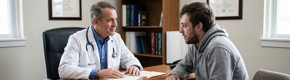 A horizontal banner image capturing a crucial moment of professional support. The doctor, seated behind a desk, makes eye contact with the young patient (the same man from the previous image). The photo emphasizes compassionate dialogue and the structured medical intervention required for benzo addiction recovery.