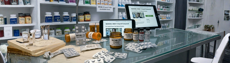 Pharmacy counter with MGM-15 products: pills, powder, liquids. Tablets display warning: not natural Kratom. Shelves with various bottles.
