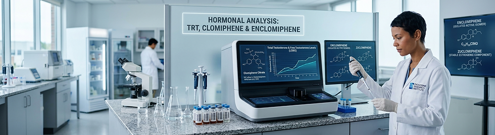 Scientist pipettes in a bright lab beside screens reading HORMONAL ANALYSIS: TRT, CLOMIPHENE & ENCLOMIPHENE and graphs.