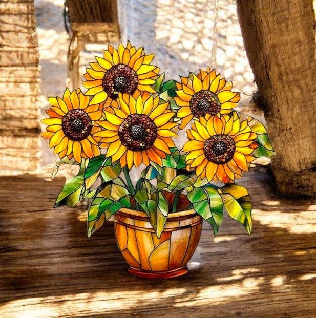 "Sunflower Pot Stained Glass-Style Acrylic Suncatcher - 9.2in Vibrant Window Decor"