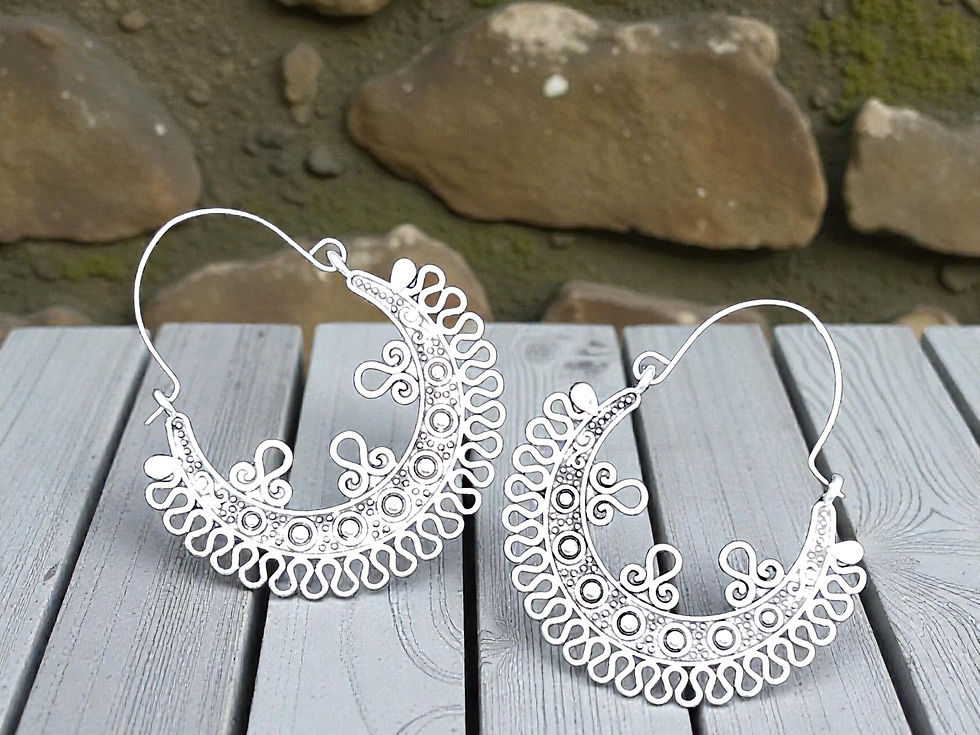 Silver Fan Filigree Earrings Mandala Boho Dangle Drop Sacred Geometry Hoop