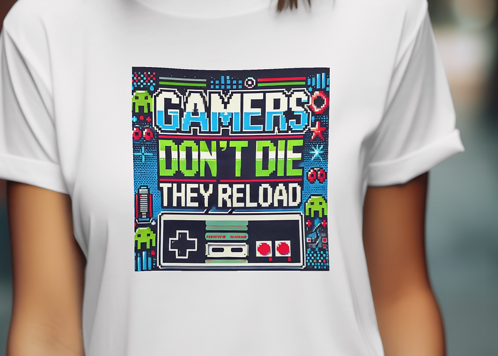 "Gamers Don’t Die, They Reload: 8-Bit Retro Gaming T-Shirt"