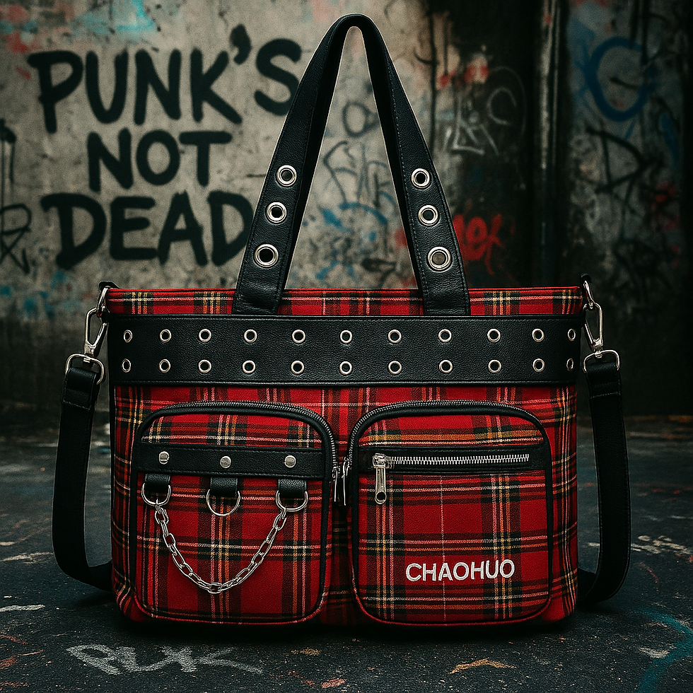 Punk Plaid Tote Bag with Chains & Grommets | Gothic Shoulder Handbag