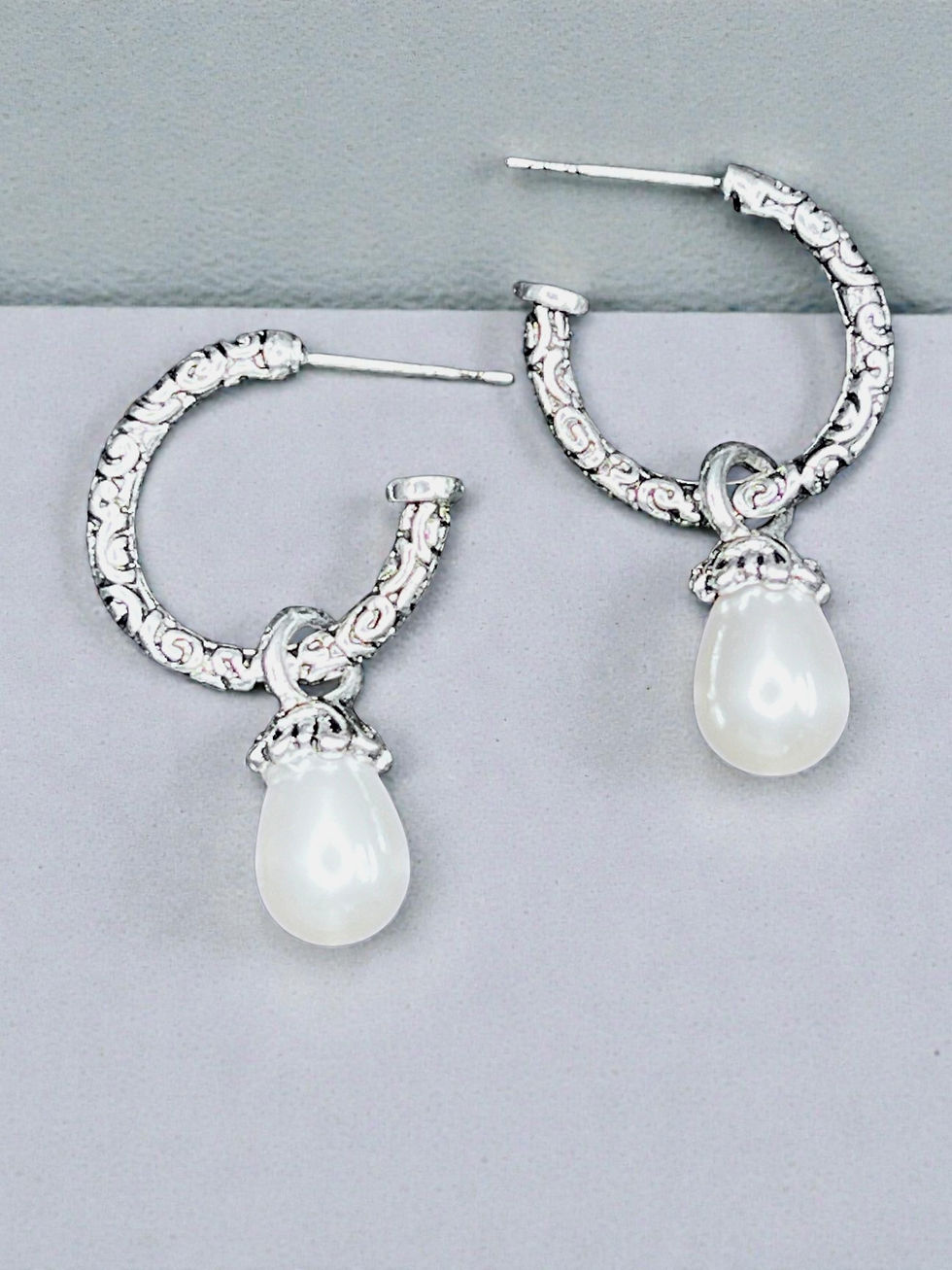 Sterling Silver Hoop Earrings White Teardrop Bead Dangle Vintage Style 1”