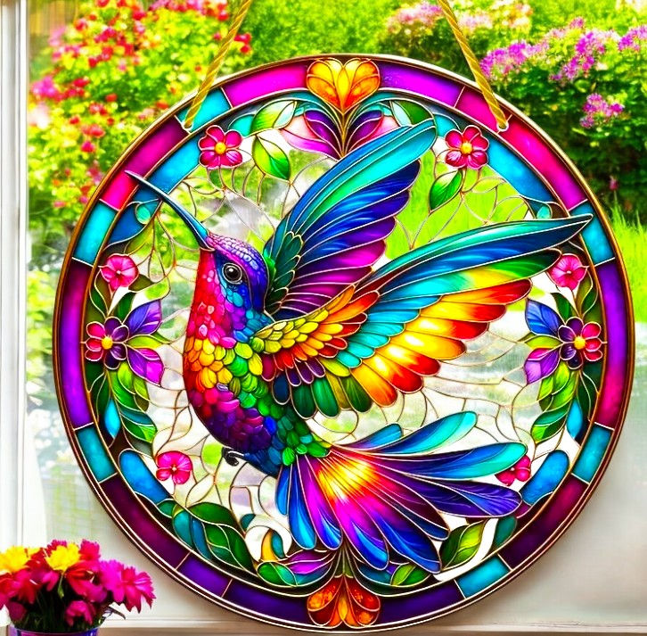 Faux Stained Glass Acrylic Art - 8" Rainbow Hummingbird Window Panel
