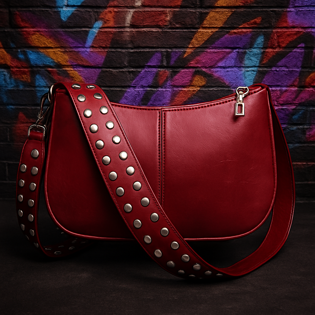 Red Studded Punk Shoulder Bag Crossbody Purse, Rock Goth Aesthetic Handbag