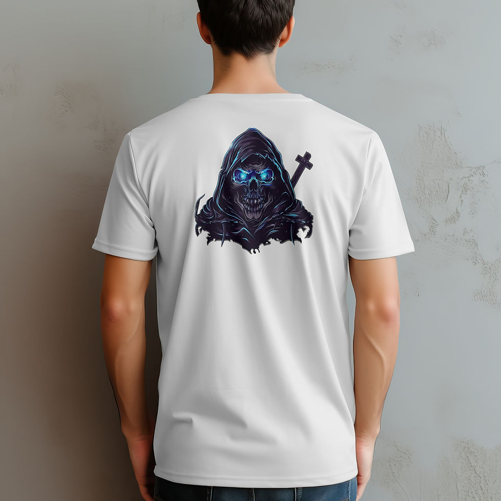 "Grim Reaper: Glowing Skull and Hooded Figure T-Shirt"