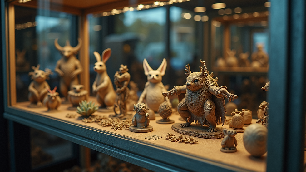 High angle view of a glass display case filled with fantasy collectibles