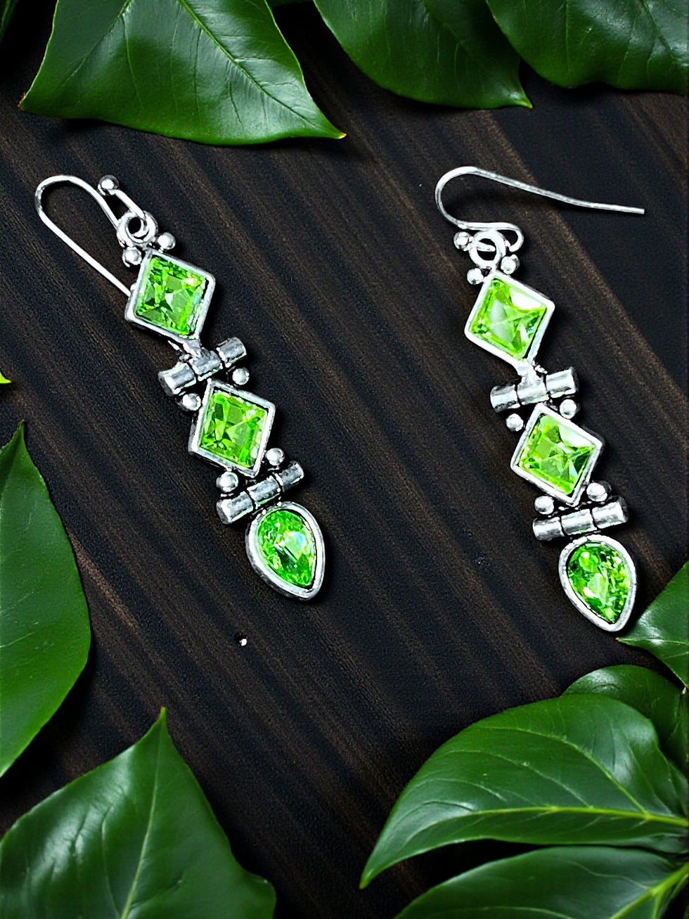 Sterling Silver Green Crystal Drop Dangle Earrings Geometric Design 2”