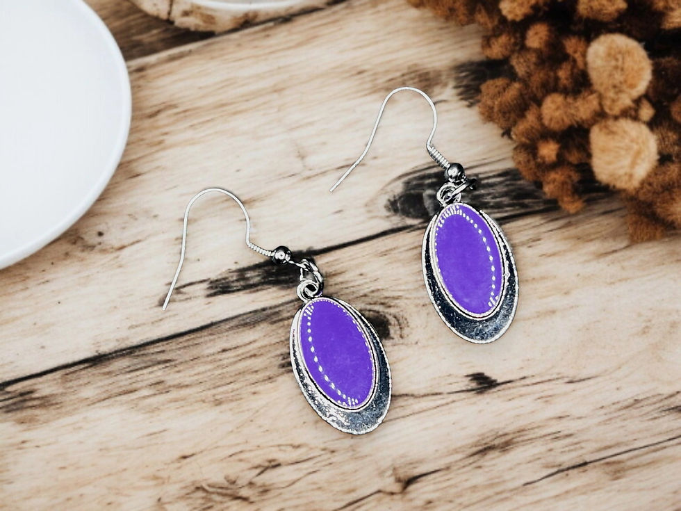 Purple Glass Bead Oval Dangle Earrings Silver Tone 1" Boho Minimalist