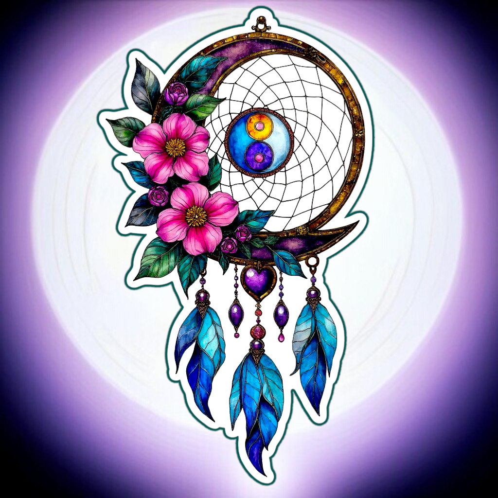 Yin Yang Dreamcatcher Sticker 4” BOPP – Faux Stained Glass Floral Boho Decal