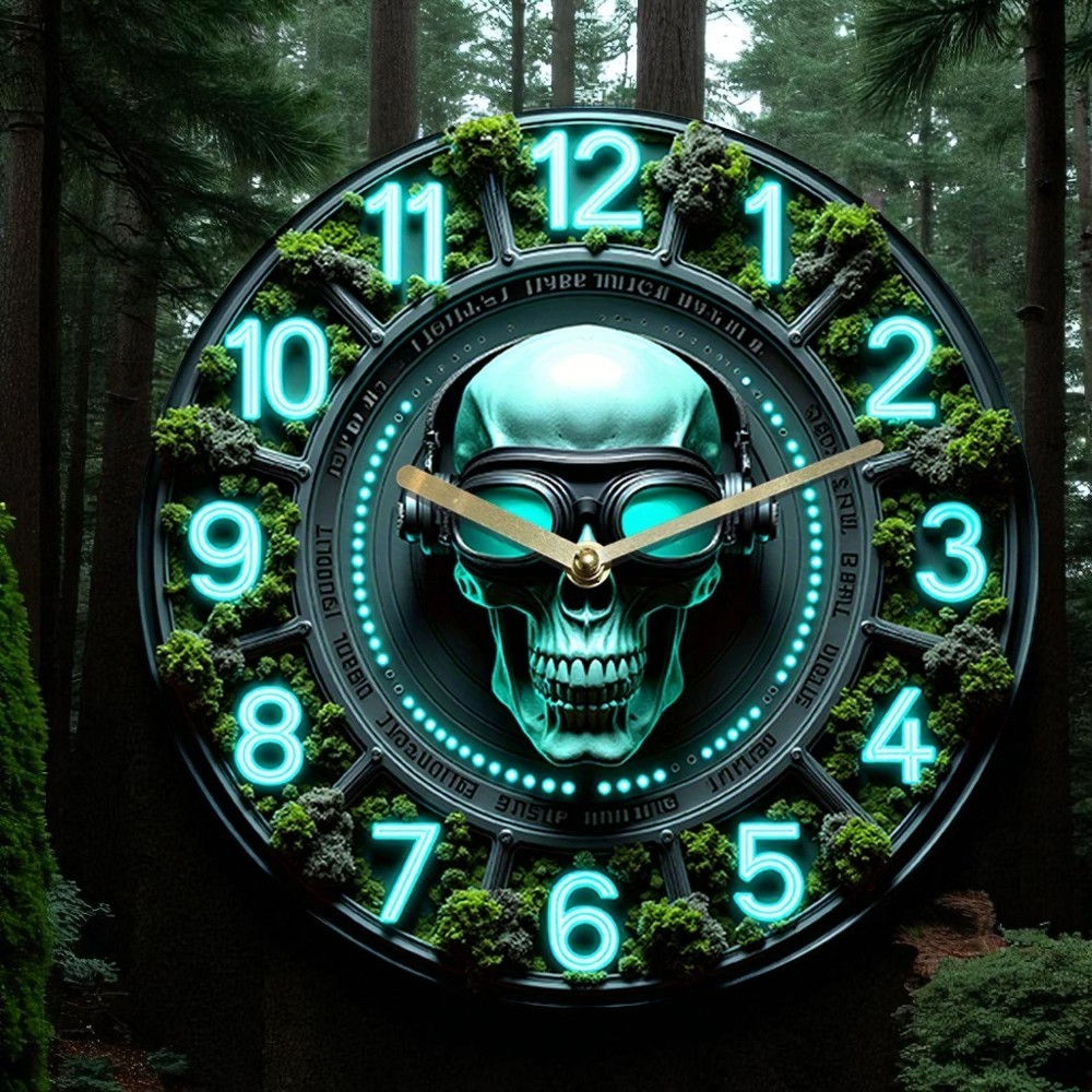 Skull Punk Wall Clock 8” Silent Acrylic Moss Gothic Cyber Modern Home Decor