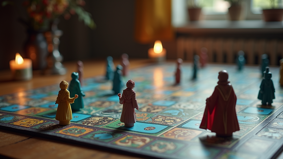 High angle view of a fantasy-themed board game setup