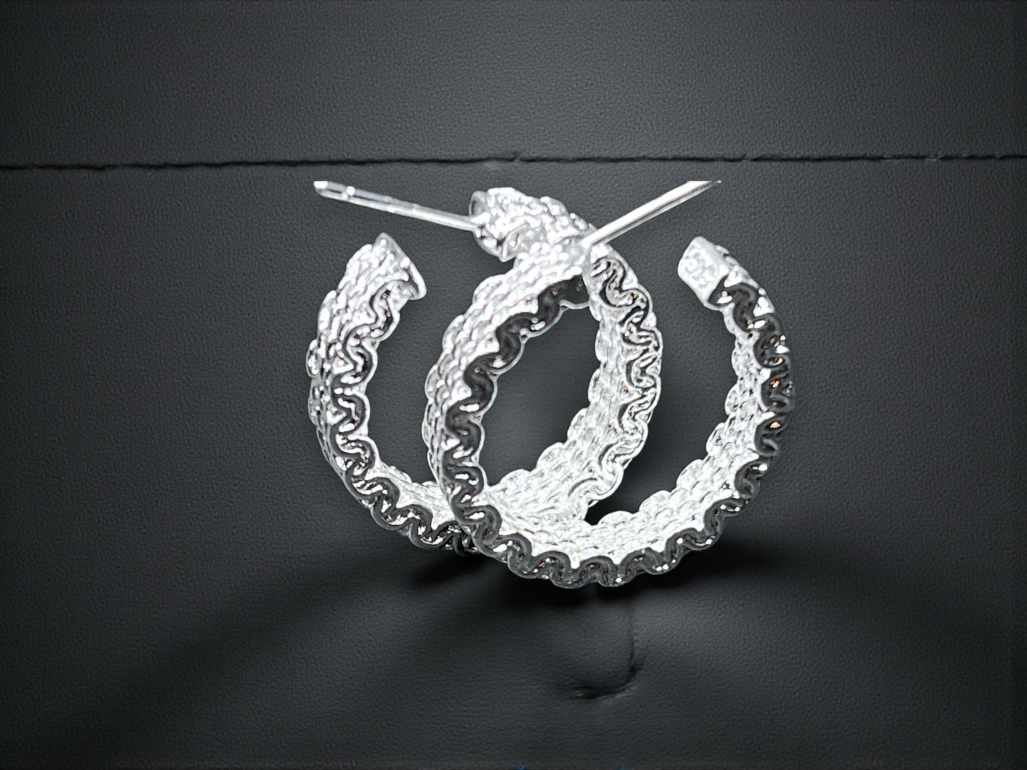 Sterling Silver Textured Scalloped Hoop Earrings Wavy Pattern 1”