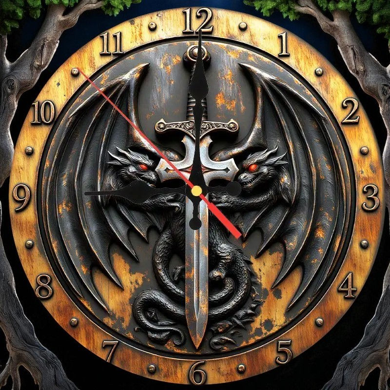 Dragon Sword Wall Clock 9.8” Silent Gothic Fantasy Wooden Home Decor