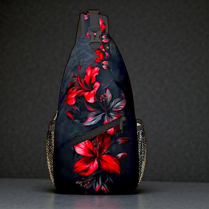 Red Floral Sling Bag 15" Crossbody Chest Backpack with Pockets for Travel & Daily Use