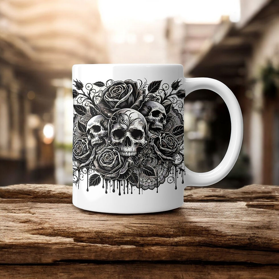 "Skulls and Roses Gothic Mug - Black and White Dark Aesthetic Coffee Cup"